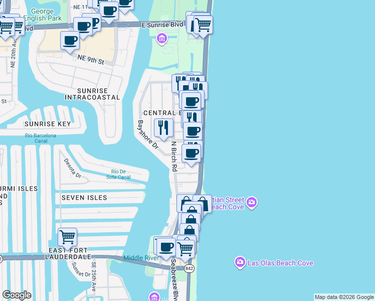 map of restaurants, bars, coffee shops, grocery stores, and more near 3101 Bayshore Drive in Fort Lauderdale