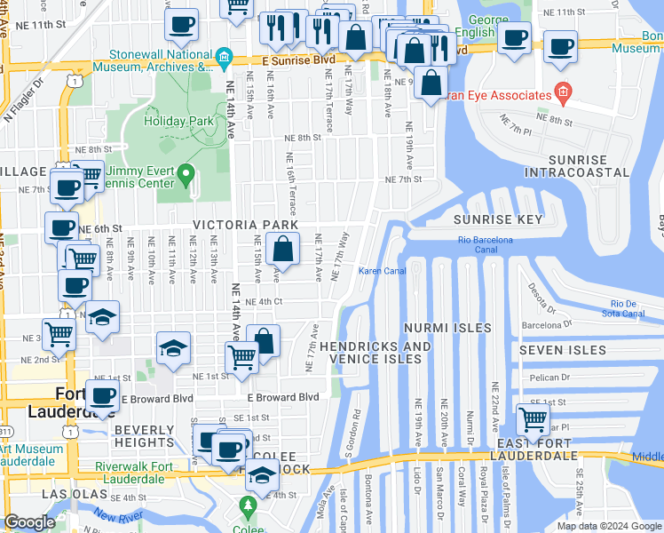 map of restaurants, bars, coffee shops, grocery stores, and more near 1733 Northeast 5th Street in Fort Lauderdale