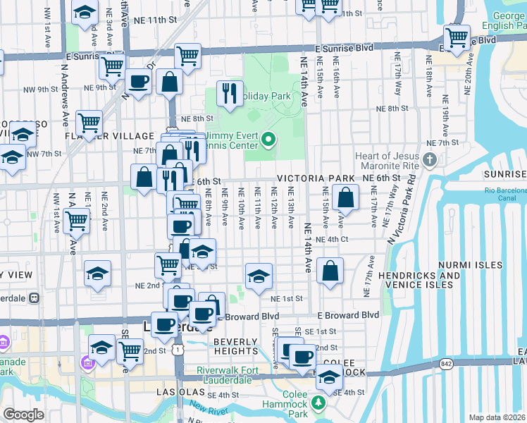 map of restaurants, bars, coffee shops, grocery stores, and more near 507 Northeast 12th Avenue in Fort Lauderdale
