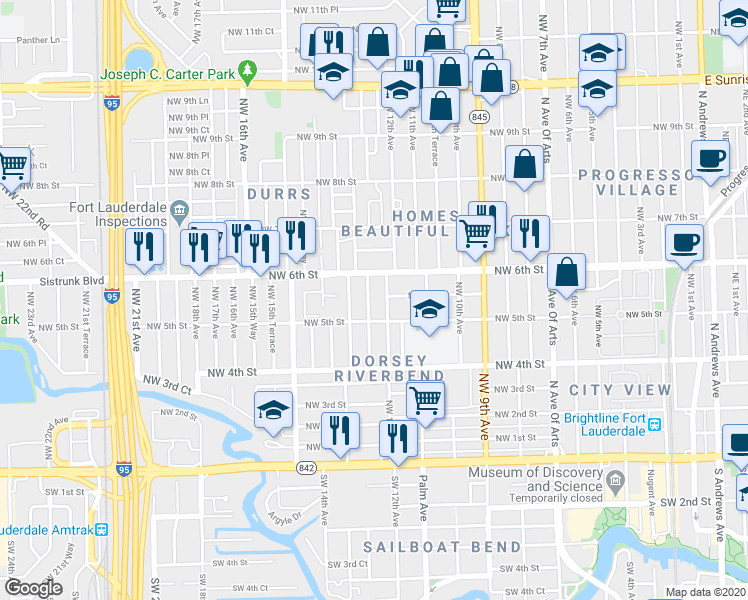 map of restaurants, bars, coffee shops, grocery stores, and more near 530 Northwest 13th Avenue in Fort Lauderdale