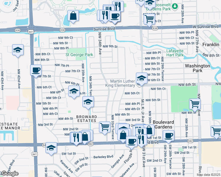 map of restaurants, bars, coffee shops, grocery stores, and more near 3400 Northwest 6th Street in Fort Lauderdale