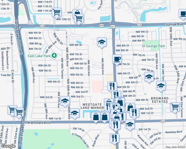 map of restaurants, bars, coffee shops, grocery stores, and more near 500 Northwest 43rd Avenue in Plantation