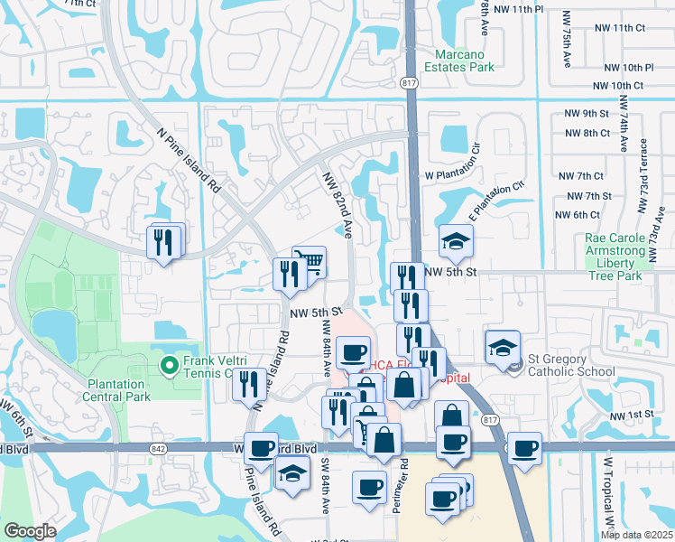 map of restaurants, bars, coffee shops, grocery stores, and more near 601 Northwest 82nd Avenue in Plantation