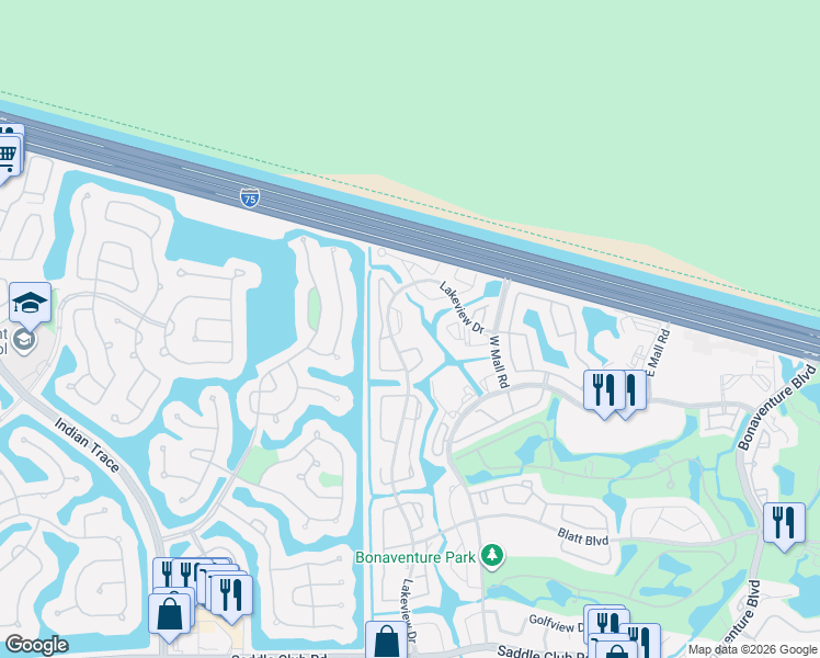 map of restaurants, bars, coffee shops, grocery stores, and more near 715 Lakeview Drive in Weston