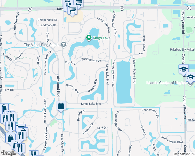map of restaurants, bars, coffee shops, grocery stores, and more near 2274 Queens Way in Naples