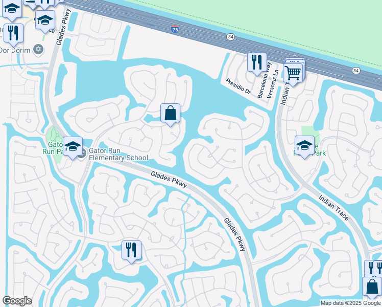 map of restaurants, bars, coffee shops, grocery stores, and more near 951 Savannah Falls Drive in Weston
