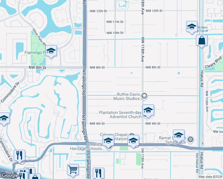 map of restaurants, bars, coffee shops, grocery stores, and more near 12001 Northwest 6th Street in Plantation