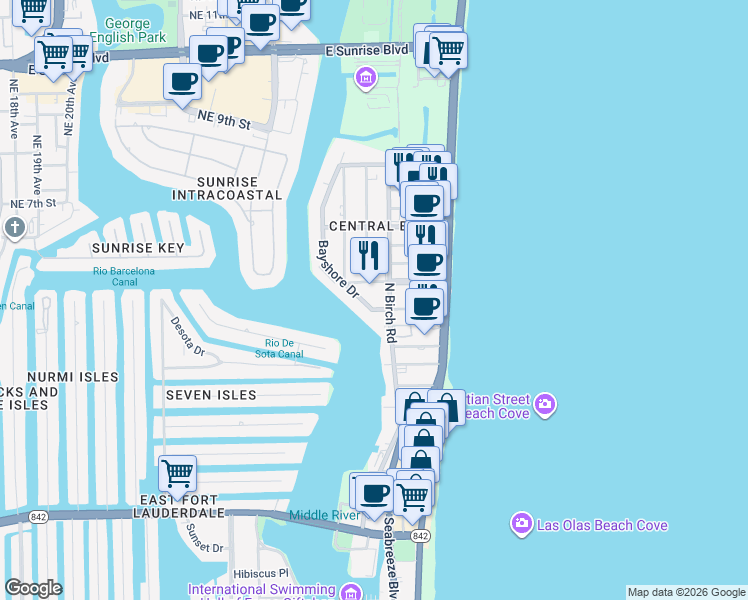 map of restaurants, bars, coffee shops, grocery stores, and more near in Fort Lauderdale