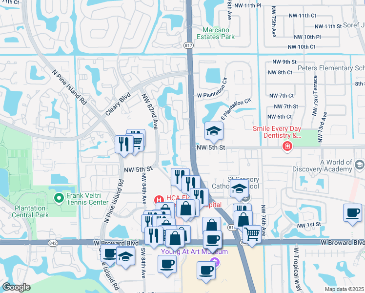 map of restaurants, bars, coffee shops, grocery stores, and more near 497 North University Drive in Plantation