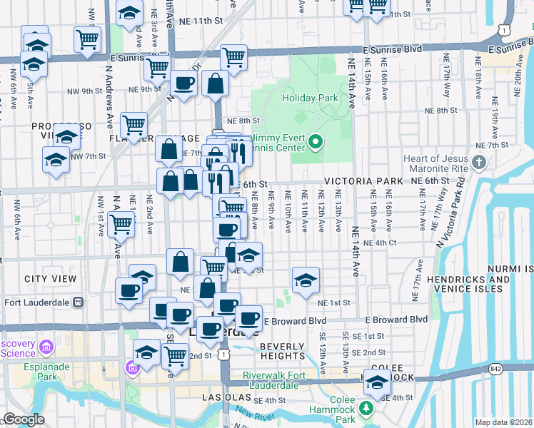 map of restaurants, bars, coffee shops, grocery stores, and more near 507 Northeast 9th Avenue in Fort Lauderdale