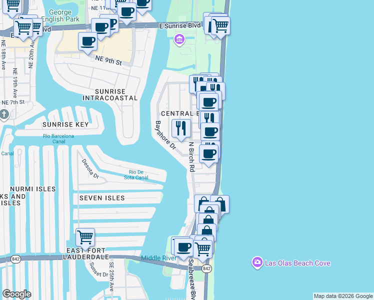map of restaurants, bars, coffee shops, grocery stores, and more near in Fort Lauderdale