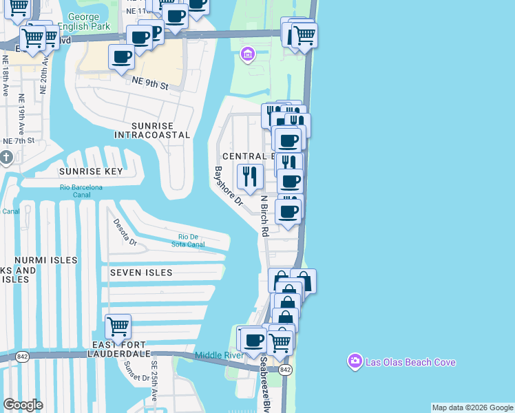 map of restaurants, bars, coffee shops, grocery stores, and more near in Fort Lauderdale