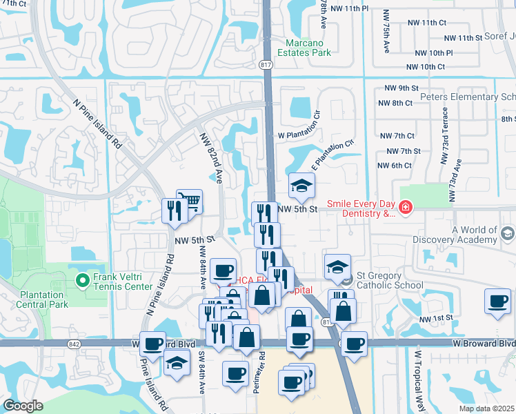 map of restaurants, bars, coffee shops, grocery stores, and more near 497 North University Drive in Plantation