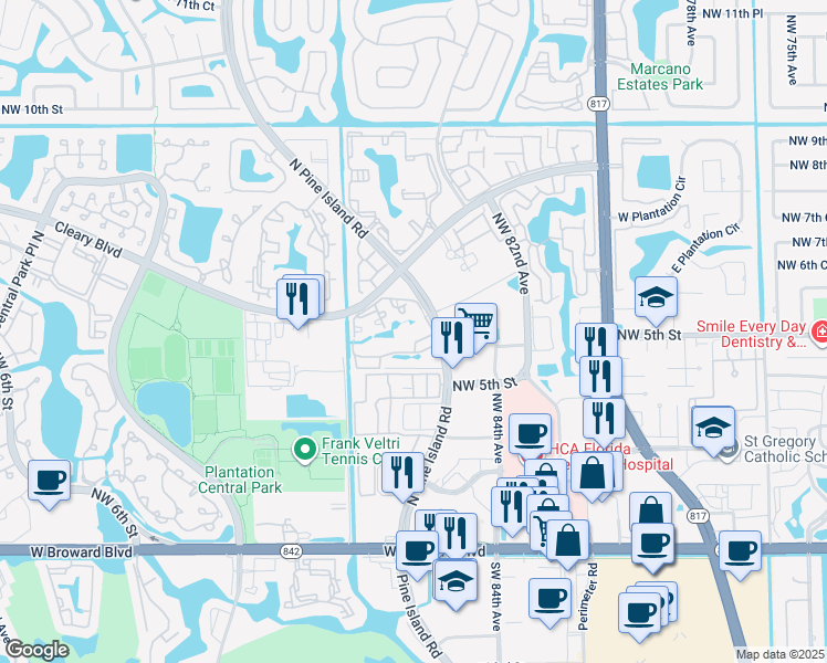 map of restaurants, bars, coffee shops, grocery stores, and more near 711 North Pine Island Road in Plantation