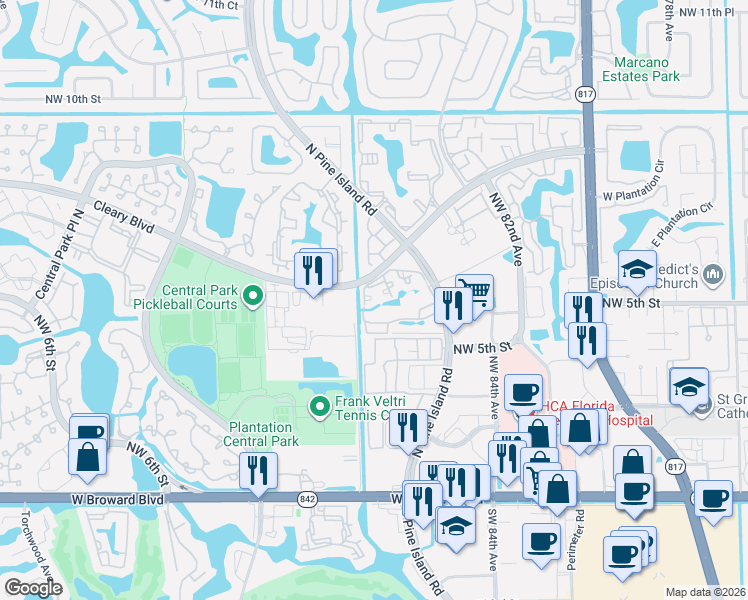 map of restaurants, bars, coffee shops, grocery stores, and more near 741 North Pine Island Road in Plantation