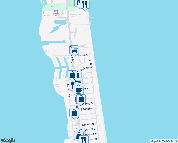 map of restaurants, bars, coffee shops, grocery stores, and more near 120 Coronado Drive in South Padre Island