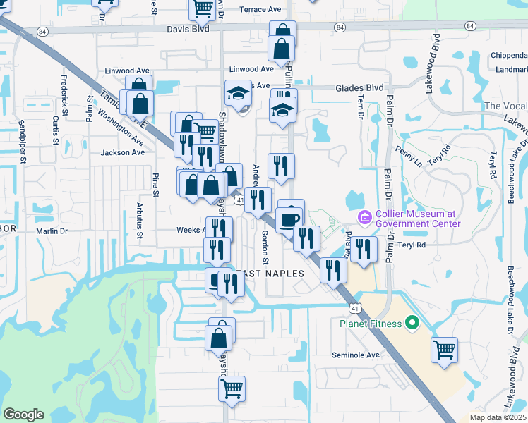 map of restaurants, bars, coffee shops, grocery stores, and more near 3115 U.S. 41 in Naples