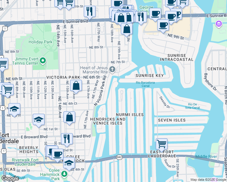 map of restaurants, bars, coffee shops, grocery stores, and more near 506 Victoria Terrace in Fort Lauderdale