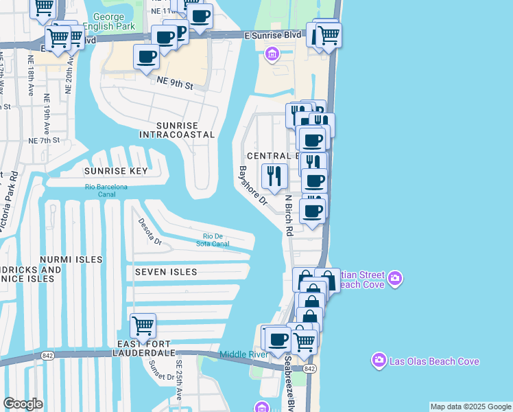 map of restaurants, bars, coffee shops, grocery stores, and more near 425 Bayshore Drive in Fort Lauderdale