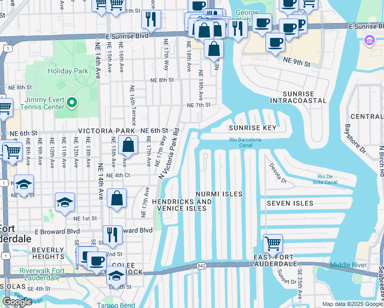 map of restaurants, bars, coffee shops, grocery stores, and more near 500 Hendricks Isle in Fort Lauderdale