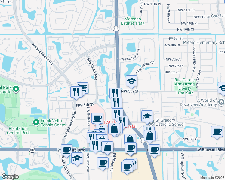 map of restaurants, bars, coffee shops, grocery stores, and more near 497 North University Drive in Plantation