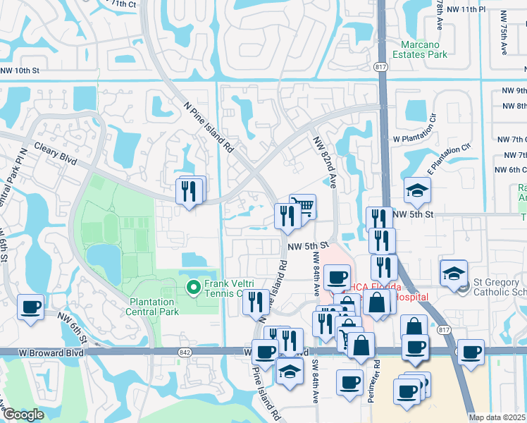 map of restaurants, bars, coffee shops, grocery stores, and more near 711 North Pine Island Road in Plantation