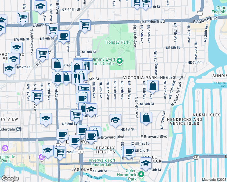 map of restaurants, bars, coffee shops, grocery stores, and more near 508 Northeast 10th Avenue in Fort Lauderdale