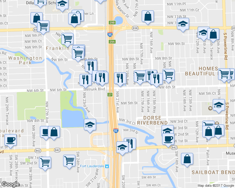 map of restaurants, bars, coffee shops, grocery stores, and more near 621 Northwest 21st Avenue in Fort Lauderdale