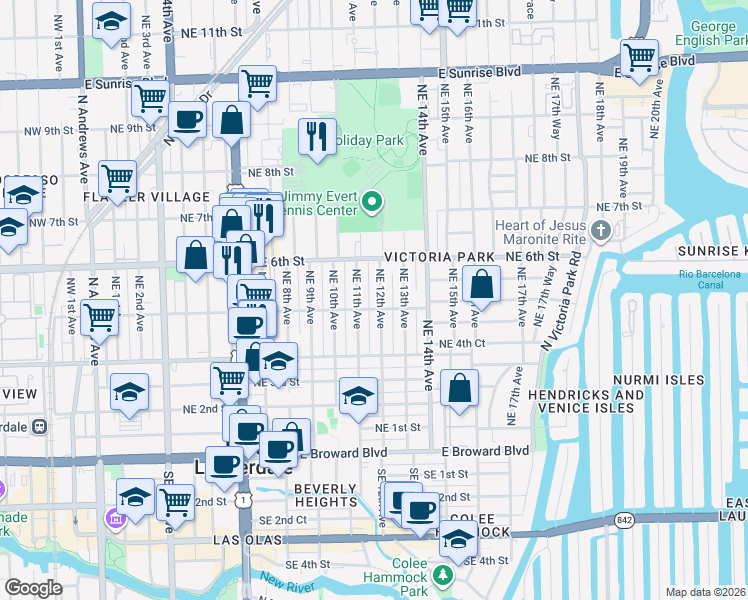 map of restaurants, bars, coffee shops, grocery stores, and more near 507 Northeast 12th Avenue in Fort Lauderdale