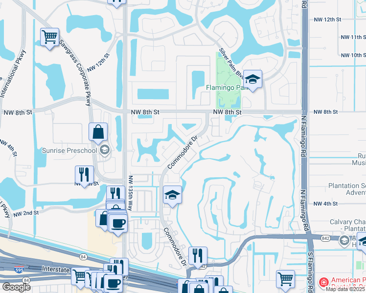 map of restaurants, bars, coffee shops, grocery stores, and more near 13400 Northwest 5th Court in Plantation