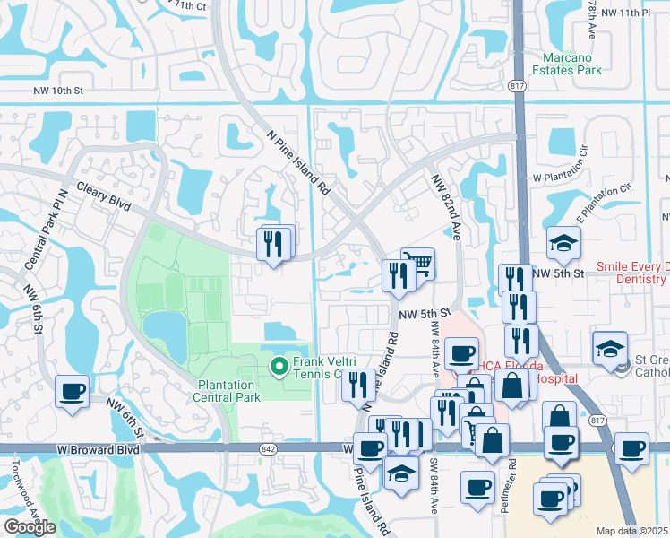 map of restaurants, bars, coffee shops, grocery stores, and more near 751 North Pine Island Road in Plantation