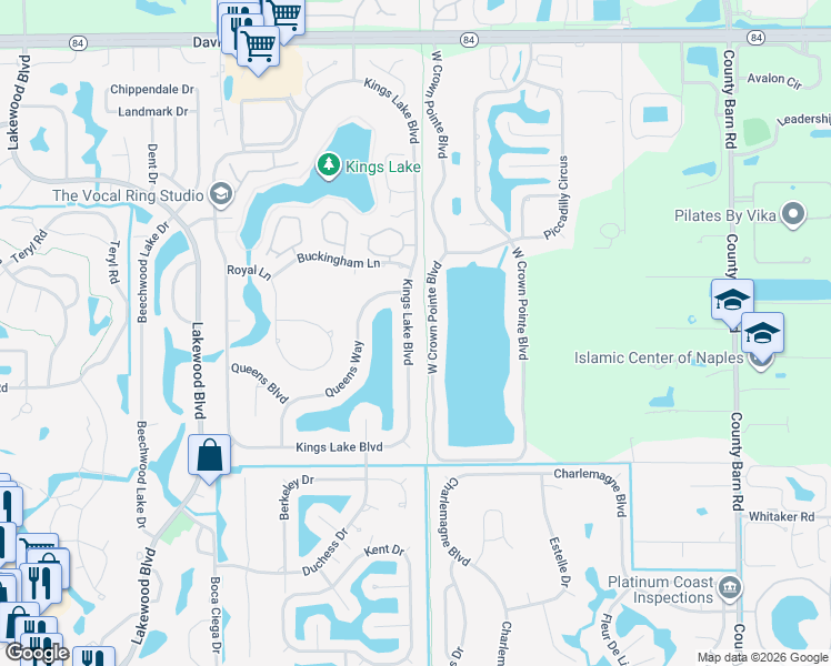 map of restaurants, bars, coffee shops, grocery stores, and more near 2521 Kings Lake Boulevard in Naples
