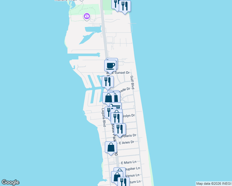 map of restaurants, bars, coffee shops, grocery stores, and more near 104 East Parade Drive in South Padre Island