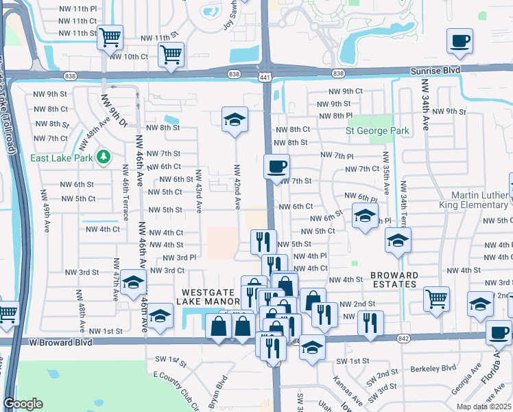 map of restaurants, bars, coffee shops, grocery stores, and more near 4121 Northwest 5th Street in Plantation