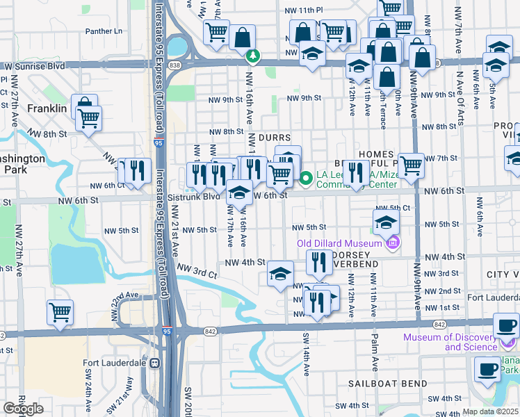 map of restaurants, bars, coffee shops, grocery stores, and more near 529 Northwest 15th Terrace in Fort Lauderdale