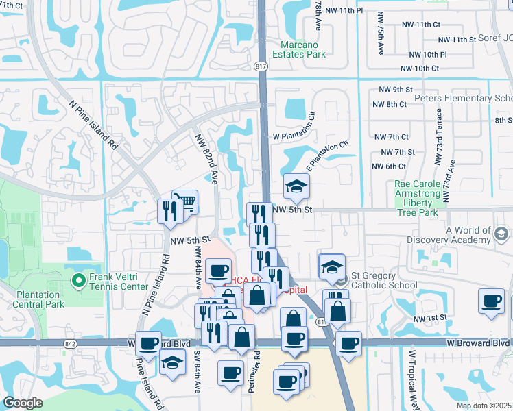 map of restaurants, bars, coffee shops, grocery stores, and more near 497 North University Drive in Plantation