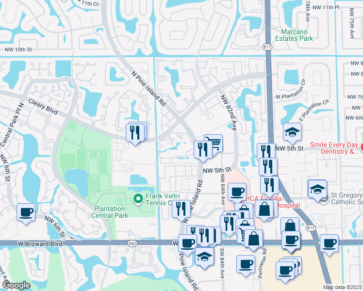 map of restaurants, bars, coffee shops, grocery stores, and more near 751 North Pine Island Road in Plantation