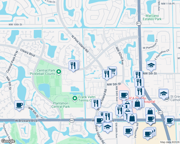 map of restaurants, bars, coffee shops, grocery stores, and more near 751 North Pine Island Road in Plantation