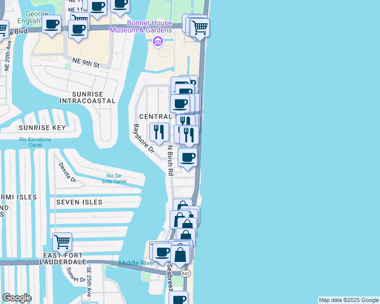 map of restaurants, bars, coffee shops, grocery stores, and more near 401 North Fort Lauderdale Beach Boulevard in Fort Lauderdale