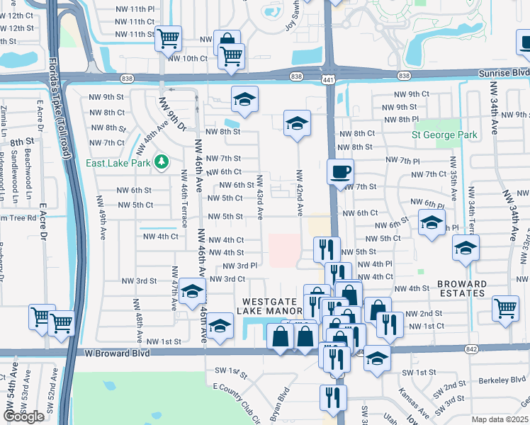map of restaurants, bars, coffee shops, grocery stores, and more near 500 Northwest 43rd Avenue in Plantation