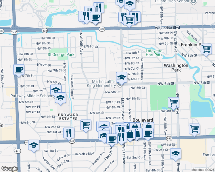 map of restaurants, bars, coffee shops, grocery stores, and more near 580 Northwest 33rd Avenue in Fort Lauderdale