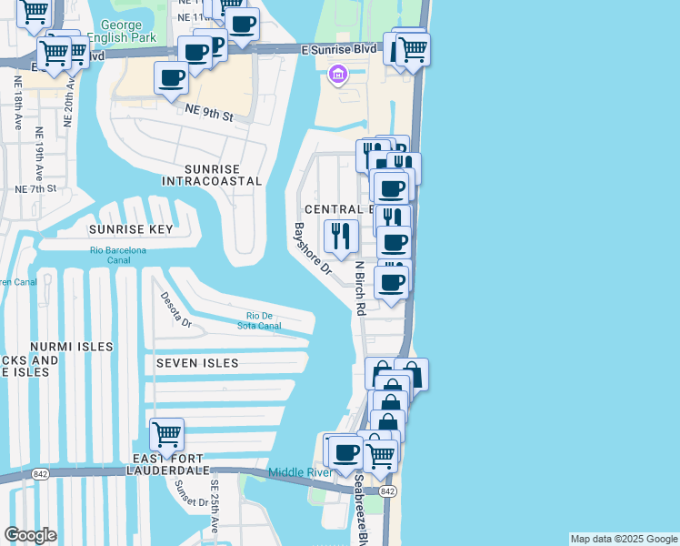map of restaurants, bars, coffee shops, grocery stores, and more near 425 Bayshore Drive in Fort Lauderdale