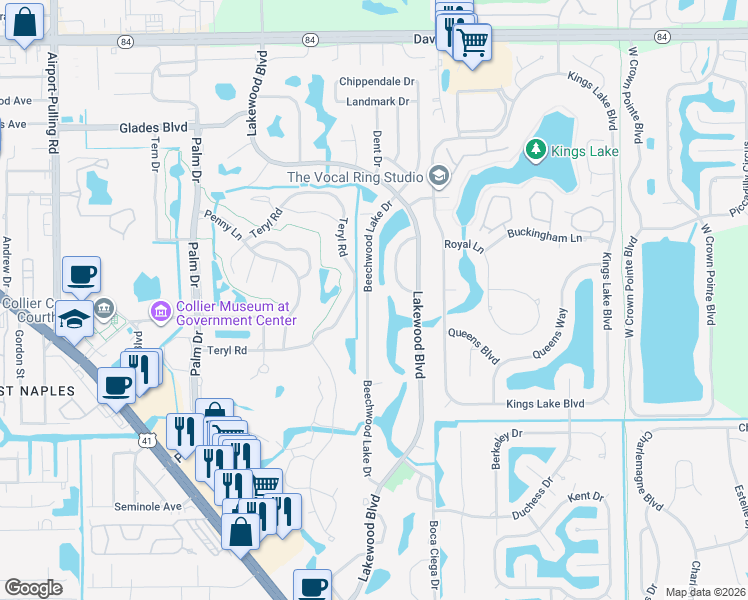 map of restaurants, bars, coffee shops, grocery stores, and more near 4417 Beechwood Lake Drive in Naples