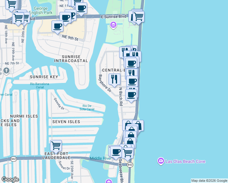 map of restaurants, bars, coffee shops, grocery stores, and more near 425 Bayshore Drive in Fort Lauderdale