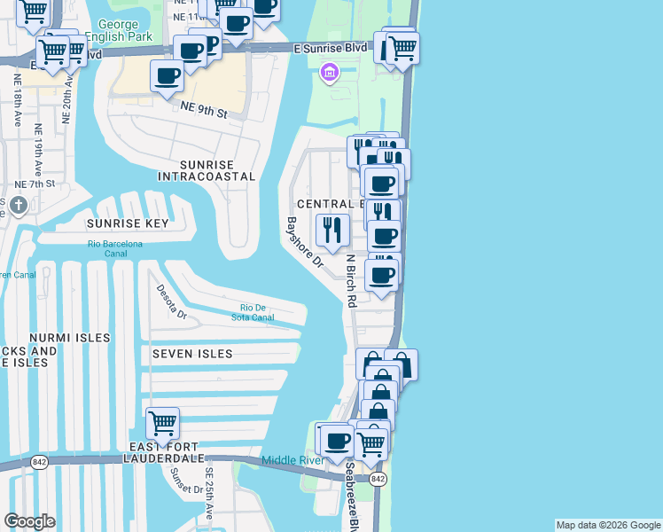 map of restaurants, bars, coffee shops, grocery stores, and more near 425 Bayshore Drive in Fort Lauderdale