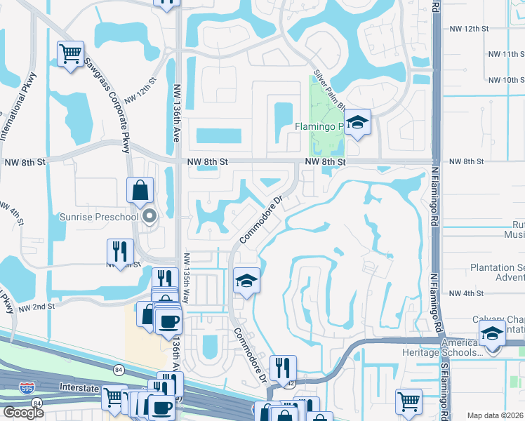map of restaurants, bars, coffee shops, grocery stores, and more near 13400 Northwest 5th Court in Plantation