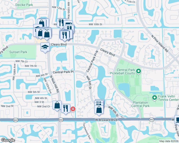 map of restaurants, bars, coffee shops, grocery stores, and more near 535 Northwest 98th Avenue in Plantation