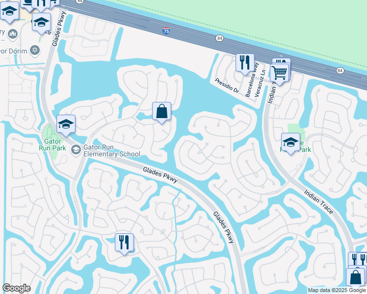 map of restaurants, bars, coffee shops, grocery stores, and more near 951 Savannah Falls Drive in Weston