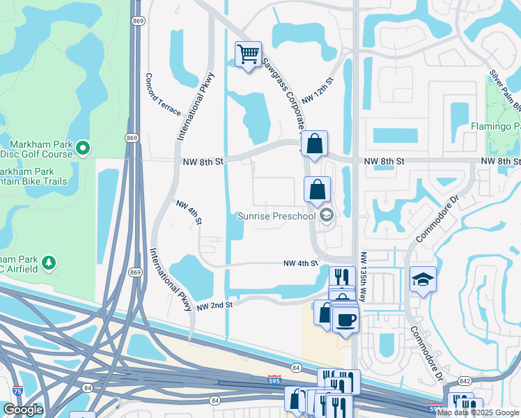 map of restaurants, bars, coffee shops, grocery stores, and more near 14150 Northwest 8th Street in Sunrise