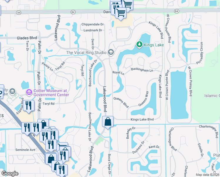 map of restaurants, bars, coffee shops, grocery stores, and more near 2249 Kings Lake Blvd in Naples